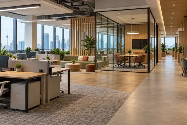 Office floor plan Malaysia showing desks, meeting room and circulation routes