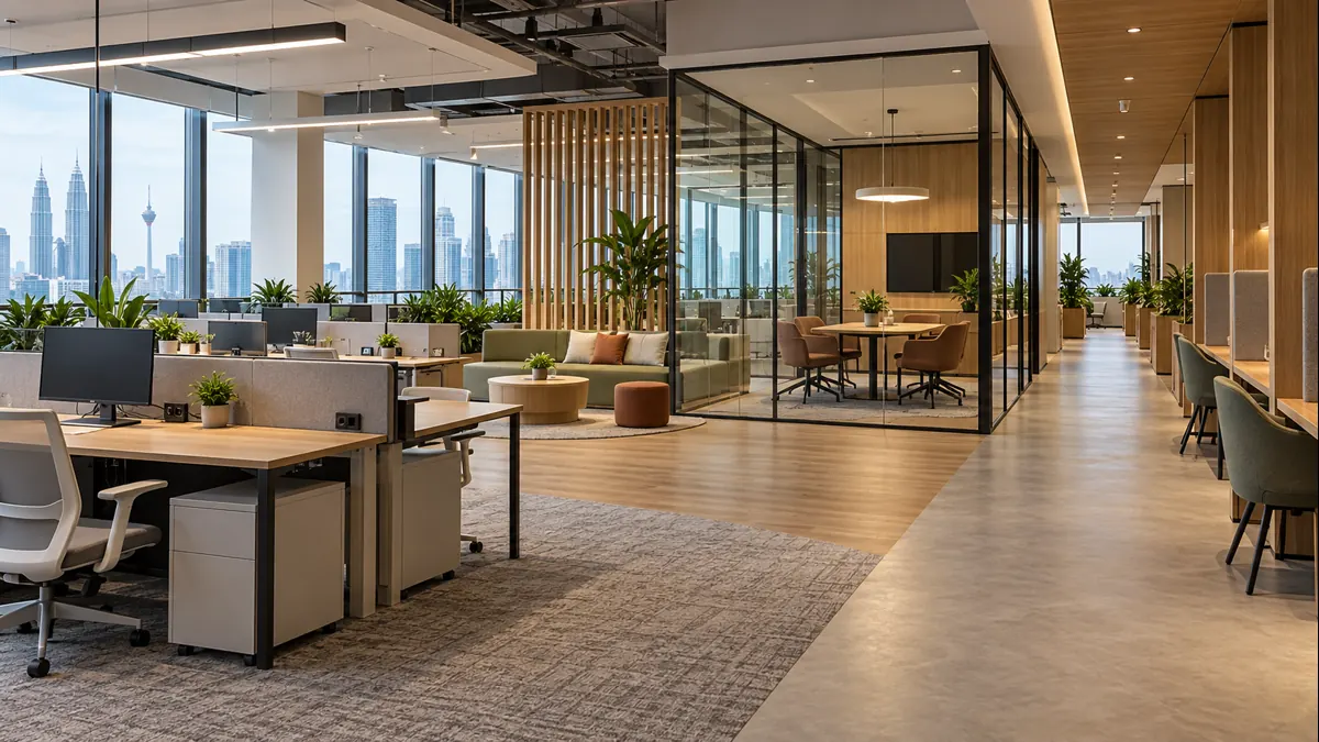 Office floor plan Malaysia showing desks, meeting room and circulation routes